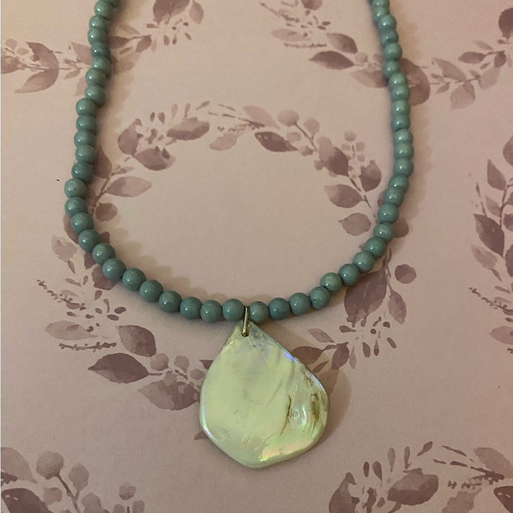 Girl’s Aqua Beaded Necklace with Iridescent Shell Pendant